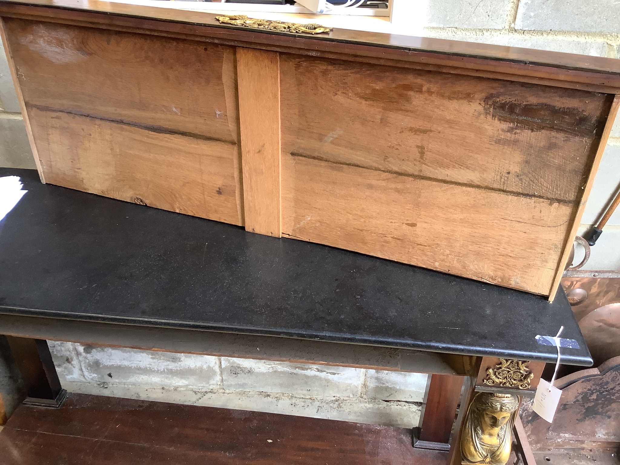 An Empire style marble top console table, width 132cm, depth 45cm, height 84cm